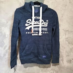 Superdry Navy Blue Ladies Premium Goods Twist Glitter Logo Hoodie Size M UK 12